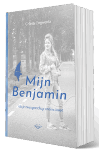 Boekcover van 'Mijn Benjamin' van Celeste Engwerda, uitgegeven door Avenir Publishing. Een persoonlijk boek over wat er gebeurt als een zwangerschap anders verloopt dan verwacht.