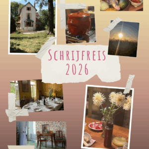 Collage met foto’s van de Schrijfreis 2026 van Avenir Publishing. Te zien zijn een charmant Frans landhuis in het groen, sfeervolle eet- en schrijfplekken, zomerse bloemen, vers fruit en een ondergaande zon. In het midden staat de tekst “Schrijfreis 2026”.